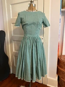 1950s GREEN GINGHAM COTTON Day DRESS SIZE XS - Picture 1 of 8