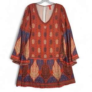 Chelsea and Violet Womens Size Medium Orange Boho Dress Long Bell Sleeves - Picture 1 of 7