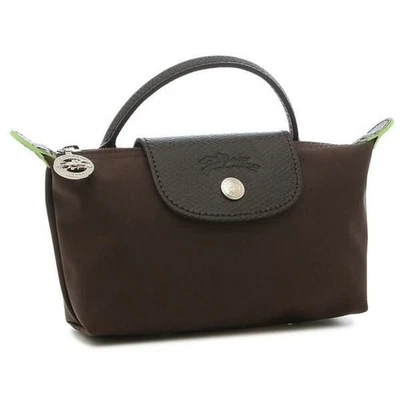 SALE LONGCHAMP Handle Pouch LE PLIAGE GREEN Logo Charm Mini Size Brown NEW - Image 1 of 4