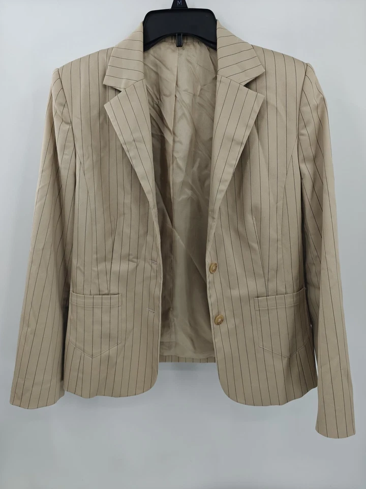 Blazer Perry Ellis Mujer 8 Beige Rayas Tres Botones Forrado Carrera Chaqueta Foto 1 de 4