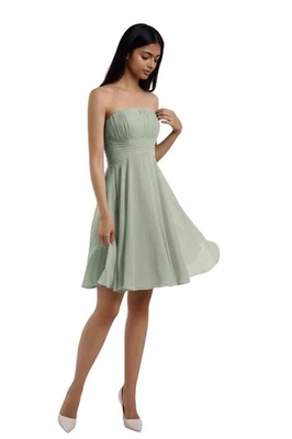 B2 Polvoriento Salvia Verde Gasa Sin Tirantes Hasta la Rodilla Dama de honor/Mujeres Formales Talla 6 Foto 1 de 4