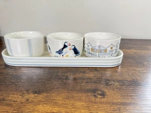 Laura Ashley Puffin Serving Bowl Set With Tray Stoneware Snack Bowls Coastal  - Picture 1 of 7