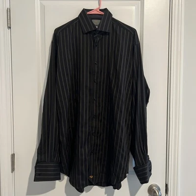 Thomas Dean Men’s LT Dress Shirt, French Cuffs Black And Gray Stripes - Image 1 of 4
