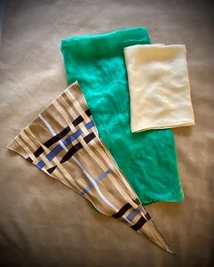 Lot of 3 Genuine Silk Assorted Scarves Hand Rolled Hems Yellow, Green, Brown - Picture 1 of 7