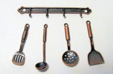 Dollhouse Hanging Kitchen Utensils (5 Pc.) Copper Colored Iron Mini Accessory