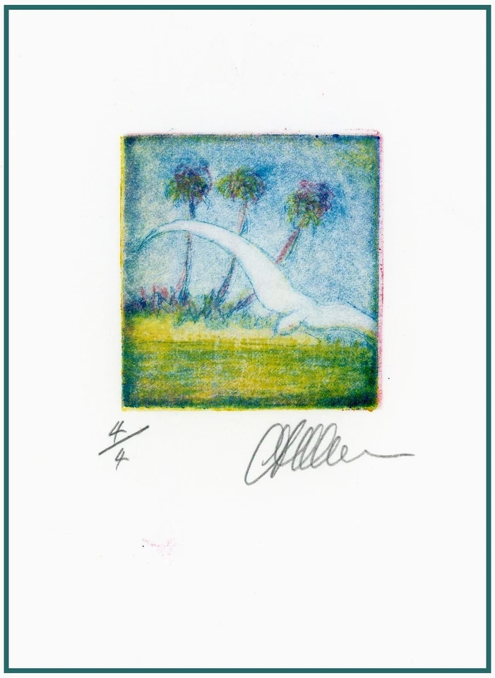 GAVIOTA TROPICAL Y PALMERAS. GRABADO MEZZOTINT impresionista original firmado Foto 1 de 1