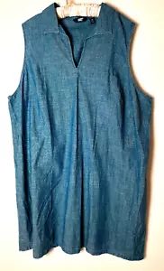 Lands End Womens 3XL Denim Sun Dress Shift Sleeveles Collar V-Neck Costal Cotton - Picture 1 of 12