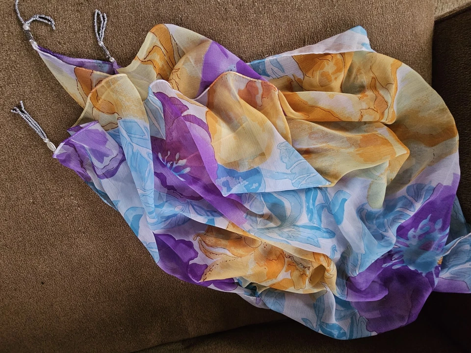 Aqua Mare Shear Floral Scarf  38x76 Sheer Wrap Abstract Colorful - Image 1 of 3