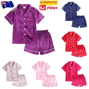 Kids Satin Silk Sleepwear Pyjamas Set Nightwear Pjs T-shirt Top + Pants Suits - Picture 1 of 17