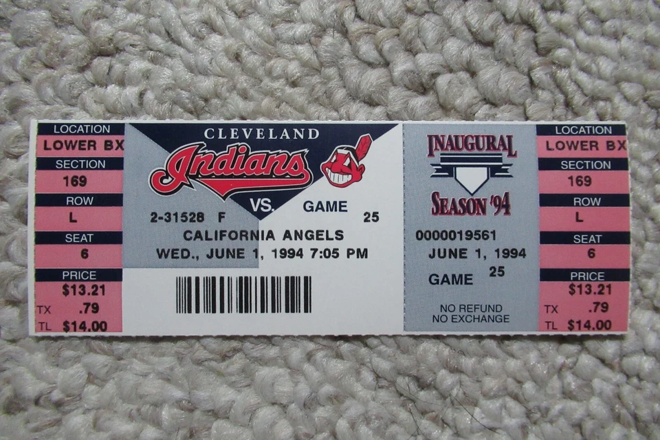 CLEVELAND INDIANS VS CALIFORNIA ANGELS 6/1/1994 FULL TICKET - Image 1 of 1