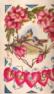 A744 Vtg Postcard Easter Bird Birds On Branch True Love Embossed Pink Floral Art - Picture 1 of 2