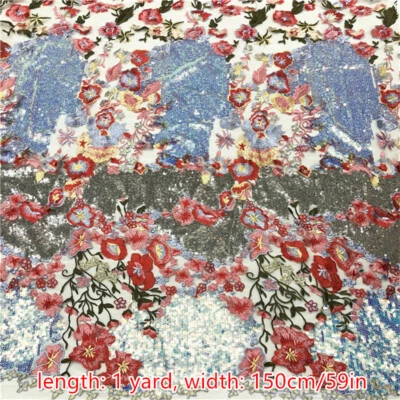 1 Yard Mesh Floral Embroidery Sequin Fabric Cloth Wedding Dress Costume DIY - Image 1 of 4