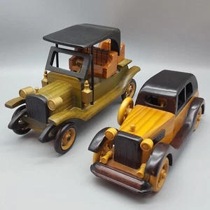 2 Unbranded Old Fashioned Wood Cars Stained 10" Long, Wheels Work - Picture 1 of 10