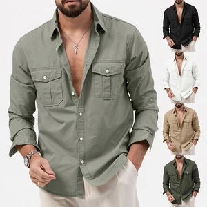 Men Soft Casual Solid Militar Tactical Shirts Cargo Shirt Long Sleeve Tops
