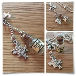 Alice in Wonderland mini drink me bottle Bow & white rabbit necklace V2 - Picture 1 of 1