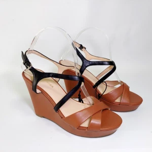 Marc Fisher Heels 8 Camel Tan Black Strappy Wedge Open Toe Platform Buckle - Picture 1 of 10