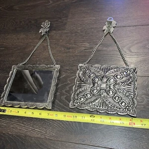 Set Of 2 Ornate Turkish Wedding Mirror Floral Pattern Oval Hanging Silver Color - Picture 1 of 5