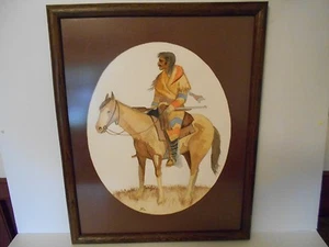 PINTURA DE ACUARELA INDIA SOBRE CABALLO ENMARCADA 21 1/2"" X 17 1/2"" DE JOHN MOLDSTAD - Imagen 1 de 7