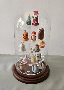14 Thimbles with Glass Dome Display Case Plastic Tiers Wooden Base Vintage - Picture 1 of 21