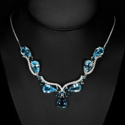 GENUINE AAA LONDON-SKY BLUE TOPAZ & WHITE CZ STERLING 925 SILVER NECKLACE 20.5" - Image 1 of 4