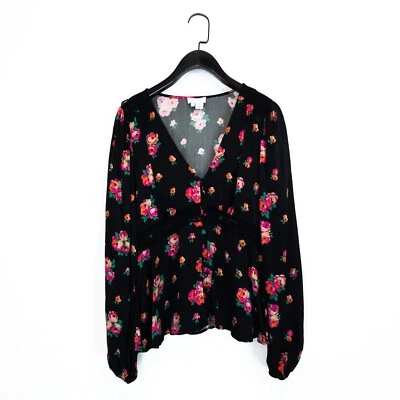 Ghost черный розовый красный зеленый цветочный кнопка через v-образным вырезом атласная блузка - размер S - Изображение 1 из 4