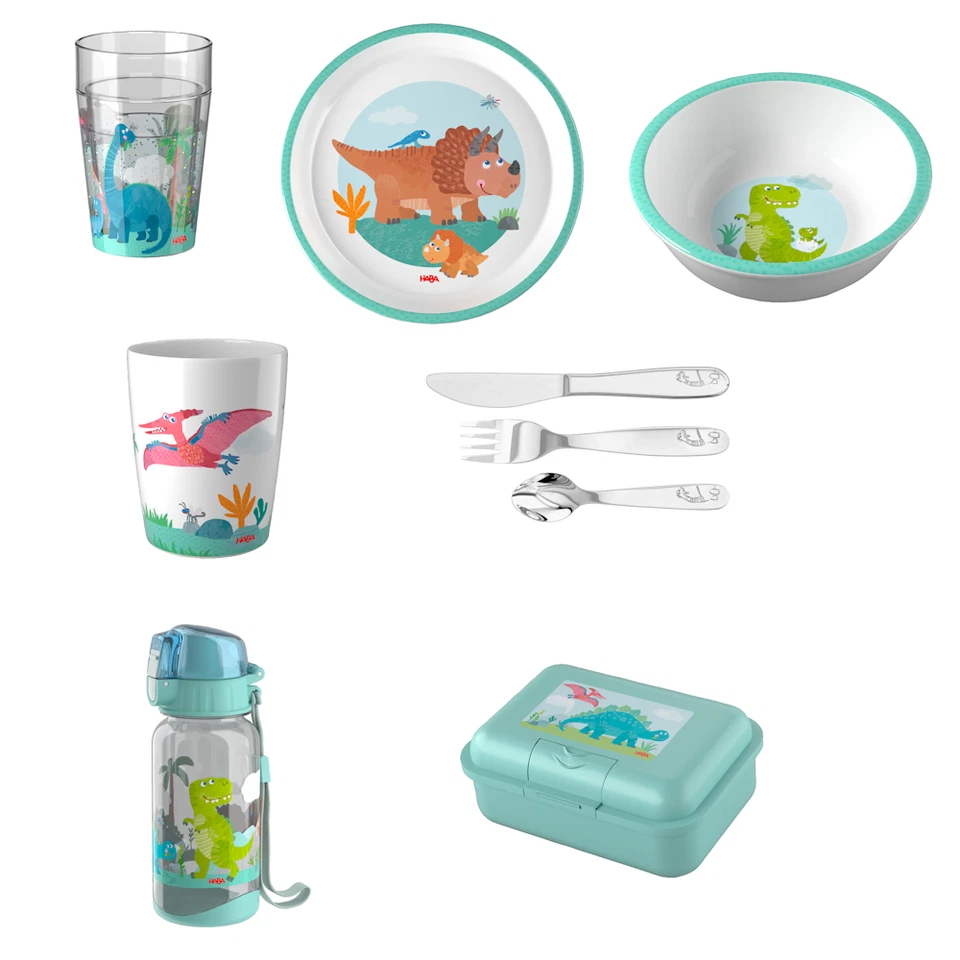 HABA Geschirr Dinos z.B. Glitzerbecher Teller Besteck Trinkflasche Brotdose u.a. - Bild 1 von 1