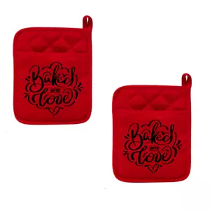 Set of 2 Kitchen Pot Holders Red Hand Pocket 9x7 Heat Resistent Baked with Love - Picture 1 of 5