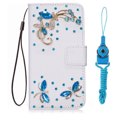 Blue Dragonfly Bling Diamonds Flip Leather Wallet Women Phone Case W/ 2 Lanyards - Image 1 of 4