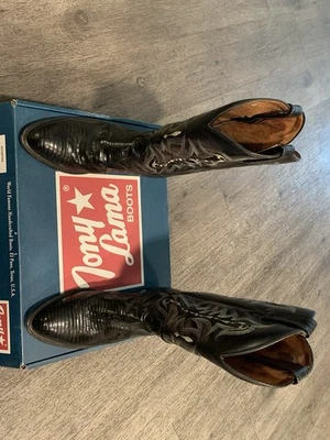 Tony Lama Black Lizard cowboy boots Top Leather Black Buffalo 10EE H 13 BOX - Image 1 of 4