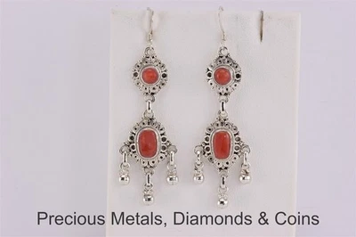 Sterling Silver 52mm x 18mm Red Coral Chandelier French Wire Earrings - Image 1 of 4