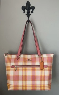 COACH Gallery Tote Shoulder Bag Plaid Pattern Pink Orange White/ Silver ~ Laptop - Image 1 of 4