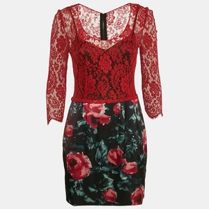 Dolce & Gabbana Red/Black Lace and Floral Print Crepe Mini Dress M - Picture 1 of 5