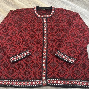 Vtg  LL Bean Sweater Womens 3X EXT Red Wool Fair isle Nordic Cardigan Snowflake - Picture 1 of 17
