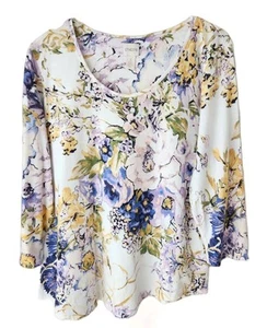 Chicos Top 3 XL 16 18 Blue Purple Floral 3/4 Sleeve Knit Stretch Round Neck - Picture 1 of 11