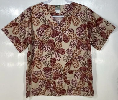 Scrub Top womens size XS extra-small  Dresden Quilt Pattern brown maroon beige - Image 1 of 3