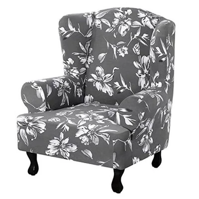 Funda para silla con respaldo de ala de lana estampada floral - 1 pieza gris súper elástica Foto 1 de 4