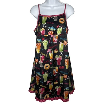 Nick & Nora Black Satin Fruity Cocktails Chemise Nightie Nightgown Size S - Image 1 of 4