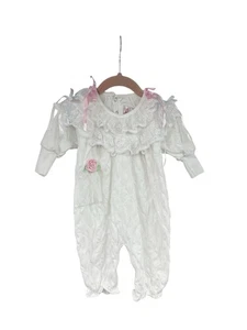 Vintage Buster braun weiß Spitze Rüschen Schleife Baby Mädchen Einteiler Schlafanzug 6-9 Monate - Bild 1 von 12