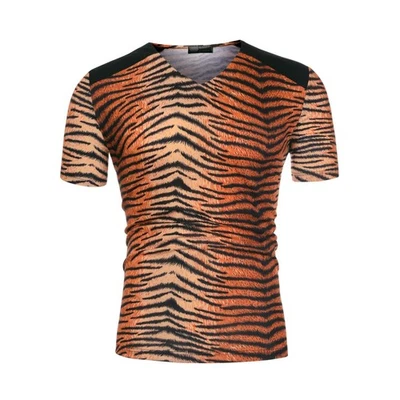 Men's V Neck Animal Print Short Sleeves T-Shirt Tops Tiger Print L - image 1 of 4