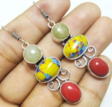 925 Sterling Silver Overlay Sz 2.2" 60cts Earring Mosaic Jasper & Coral Gemstone