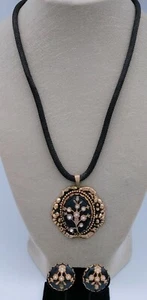 Vintage Victorian Revival Set Necklace Earrings Black Gold Tone Flower... - Picture 1 of 9