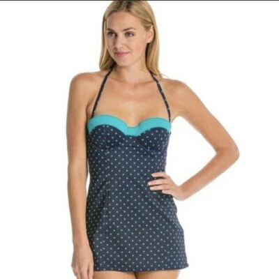 SPANX 14 Tankini Swim Top Blue Teal Polka Dots A-line Shaped Cups Excellent - Image 1 of 4
