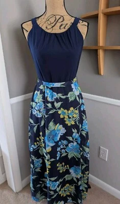 Maxi Vestido Para Mujer Robbie Bee Sin Mangas Forrado Azul Marino Floral Gasa Talla S Foto 1 de 4