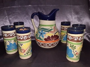 Unbranded Pottery Pitcher with Matching 6 Tea Glasses Raised Floral Design - Picture 1 of 12