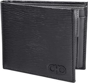 Salvatore Ferragamo Bi-Fold Wallet Embossed Calf Double Gancini Motif Black NEW - Picture 1 of 5