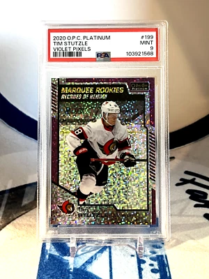 2020-21 OPC Platinum Violet Pixels Tim Stutzle Marquee Rookies RC 256/399 PSA 9 - Image 1 of 2