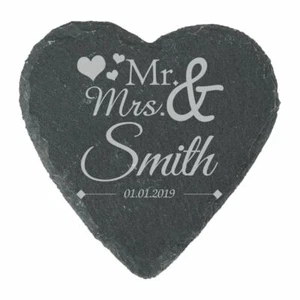 Personalised Engraved Heart Slate Wedding Coaster Mr&Mrs with Hearts - Picture 1 of 5