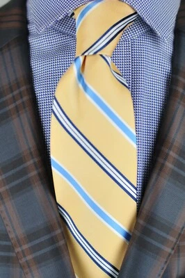 Gravata Lord R Colton Studio - Gravata de seda listrada amarela e azul -Nova - Imagem 1 de 4