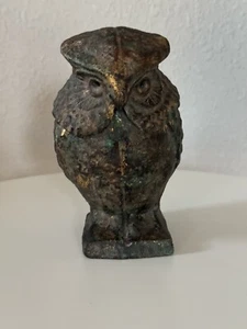 Antique Vintage Cast Iron Owl Incense Burner Japan Gold Painted Patina - Picture 1 of 13