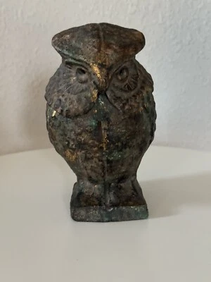 Antiguo quemador de incienso búho de hierro fundido pátina pintada en oro de Japón Foto 1 de 4